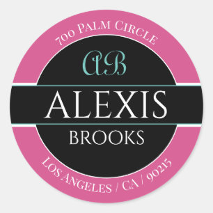 Sticker Rond Monogramme Nom Adresse, Rose Noir & Blanc