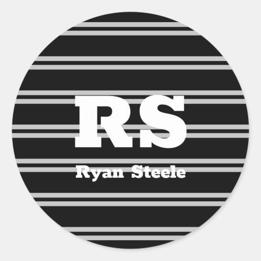 Sticker Rond Monogramme & nom blanc gras, lignes gris clair sur (Devant)