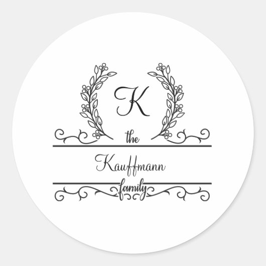 Sticker Rond Monogramme Nom de famille Script Flourish Feuille (Devant)