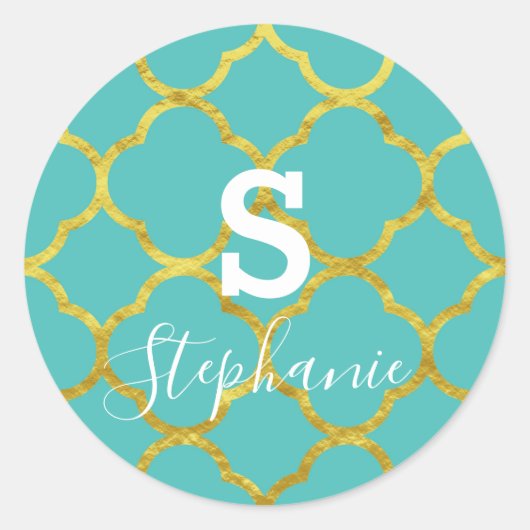 Sticker Rond Monogramme Nom initial Turquoise Blue Gold Foil 20 (Devant)