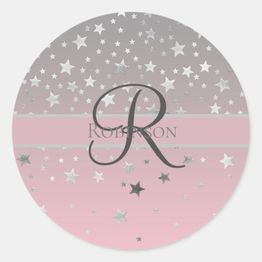 Sticker Rond Monogramme Nom rose Grey Argent Stars tendance (Devant)