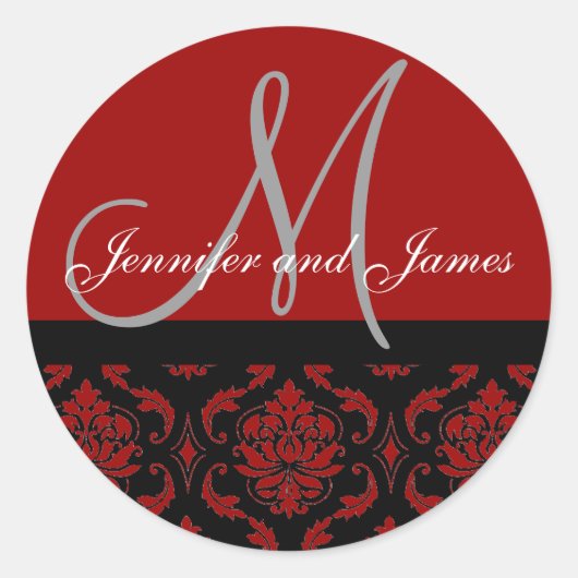 Sticker Rond Monogramme & Noms Damask Burgundy Rouge Mariage Sc (Devant)