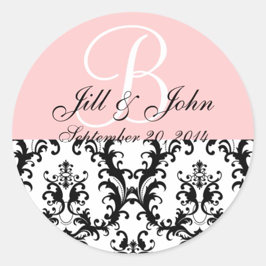 Sticker Rond Monogramme Noms Date Damask Mariage rose (Devant)
