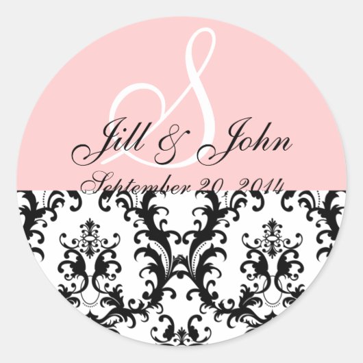 Sticker Rond Monogramme Noms Date Damask Mariage rose (Devant)