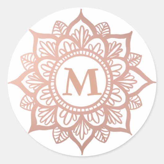 Sticker Rond Monogramme Nouveau Rose Gold Mandala (Devant)