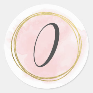 Sticker Rond Monogramme numéro 0 Zéro Rose Blush Aquarelle Or 
