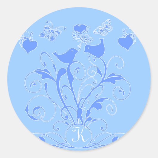 Sticker Rond Monogramme Oiseaux Mariages Coeurs Éperons Bleu (Devant)