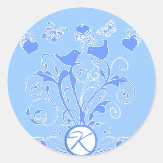 Sticker Rond Monogramme Oiseaux Mariages Coeurs Flèches Poudre (Devant)