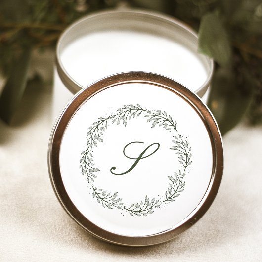 Sticker Rond Monogramme Olive Green Wreath Classic Script Maria