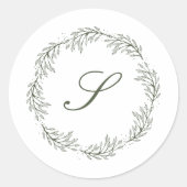 Sticker Rond Monogramme Olive Green Wreath Classic Script Maria (Devant)