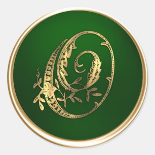 Sticker Rond Monogramme or et émeraude O Enveloppe Sceau