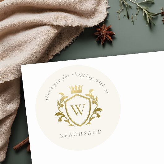 Sticker Rond Monogramme or Floral Couronne Crest Order Merci