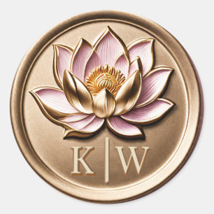 Sticker Rond Monogramme Or Lotus Rose Doré Faux 3D Élégant