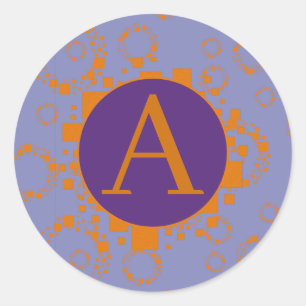 Sticker Rond Monogramme Orange Violet Initial Carrés Cercles