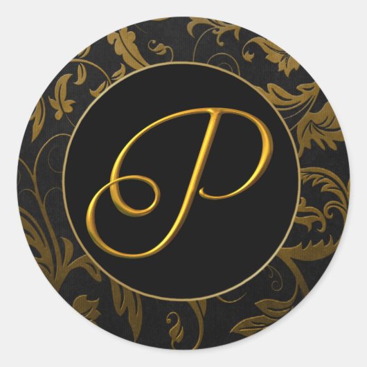 Sticker Rond Monogramme P Gold et Black Mariage damassé Seal (Devant)