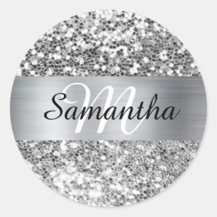 Sticker Rond Monogramme Pailleté Argenté Brillance