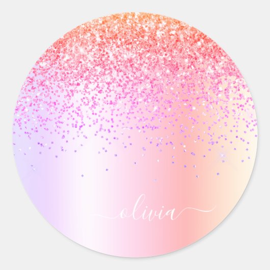 Sticker Rond Monogramme Pailleté Rose Or Violet Arc-en-Ciel Pas (Devant)