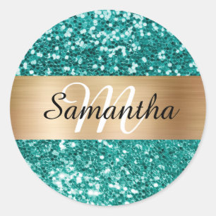 Sticker Rond Monogramme Pailleté Turquoise Paillettes Dorées Br