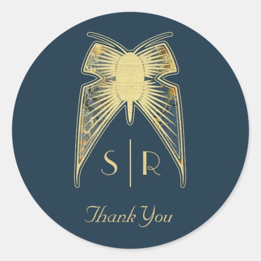 Sticker Rond Monogramme papillon Art déco "Merci" (Devant)