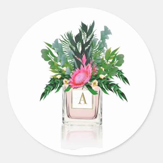 Sticker Rond Monogramme Parfum Bouteille Fleurs Protea Élégant (Devant)
