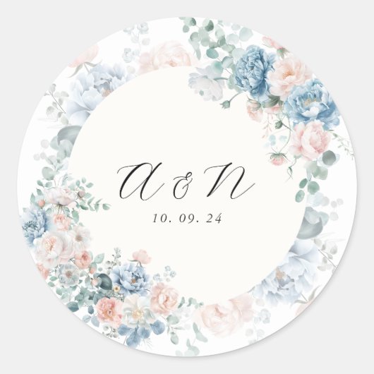 Sticker Rond Monogramme Peach Dusty bleu Faded Floral Mariage (Devant)