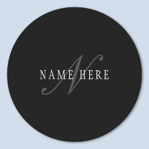 Sticker Rond Monogramme personnalisable élégant   Noir Gris Bla