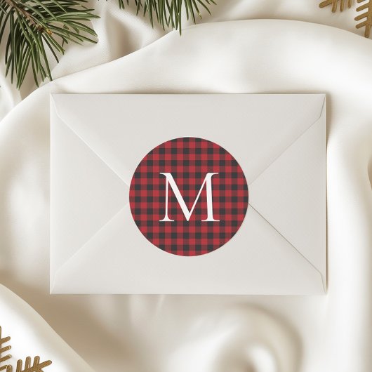 Sticker Rond Monogramme personnalisé à carreaux de Noël classiq
