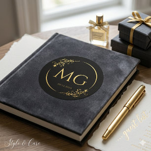 Sticker Rond Monogramme personnalisé avec date noir métallisé o