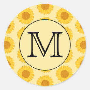Sticker Rond Monogramme personnalisé, avec tournesol jaune.