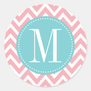 Sticker Rond Monogramme personnalisé bleu clair et rose