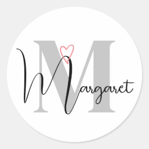Sticker Rond Monogramme personnalisé calligraphié Cœur Rose