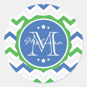 Sticker Rond Monogramme personnalisé Chevron Bleu et Vert
