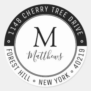 Sticker Rond Monogramme personnalisé élégant Nom et adresse de