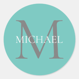 Sticker Rond Monogramme personnalisé et nom Turquoise clair