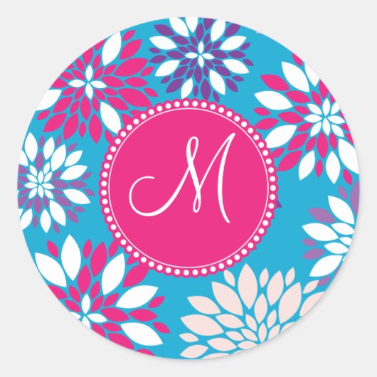 Sticker Rond Monogramme personnalisé Fleur rose violet bleu (Devant)