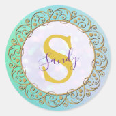 Sticker Rond Monogramme personnalisé Mandala Gold et turquoise (Devant)