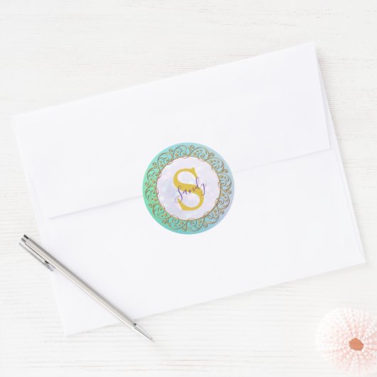 Sticker Rond Monogramme personnalisé Mandala Gold et turquoise (Enveloppe)