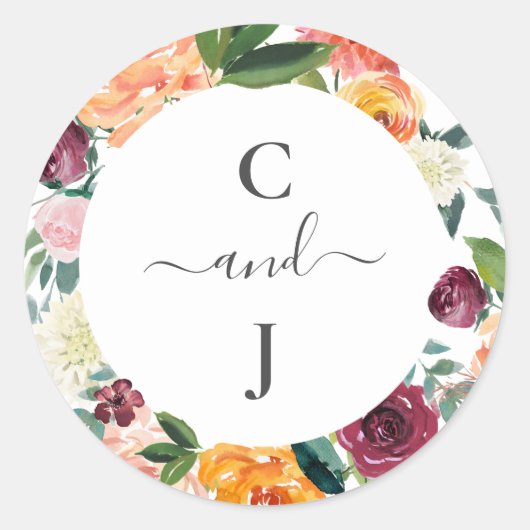 Sticker Rond Monogramme personnalisé Mariage d'automne (Devant)