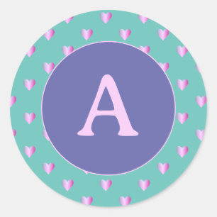 Sticker Rond Monogramme personnalisé Motif de coeur Lilac Turqu