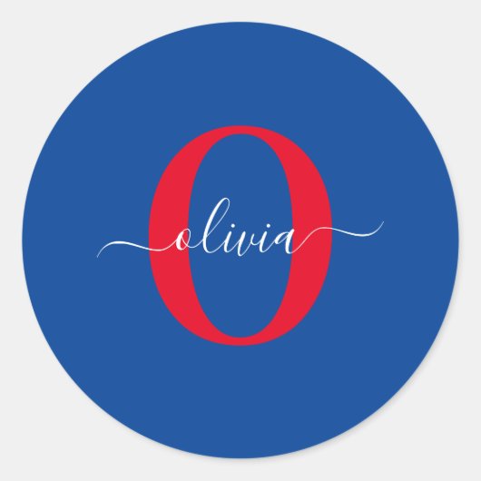 Sticker Rond Monogramme personnalisé Nom du script Bleu Blanc R (Devant)