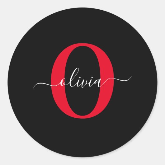 Sticker Rond Monogramme personnalisé Nom du script Noir Blanc R (Devant)