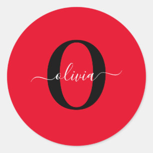 Sticker Rond Monogramme personnalisé Nom du script Rouge Noir B