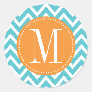 Sticker Rond Monogramme personnalisé orange et bleu Chevron