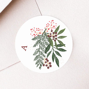 Sticker Rond Monogramme Poinsettia Noël Aquarelle