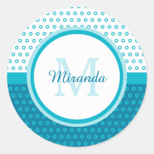Sticker Rond Monogramme Pois bleu turquoise mod avec nom