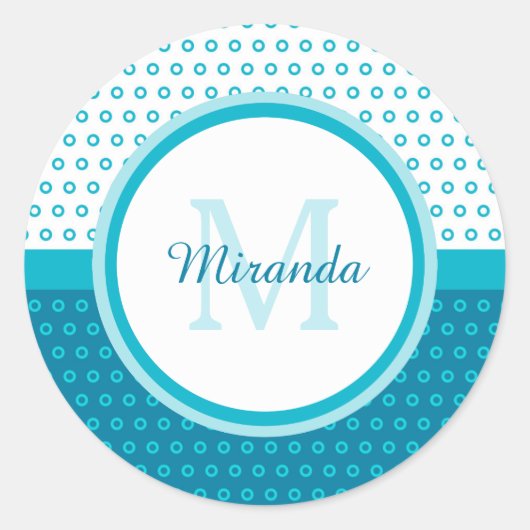 Sticker Rond Monogramme Pois bleu turquoise mod avec nom (Devant)