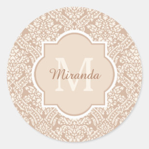 Sticker Rond Monogramme Posh Tan Damask Avec Nom