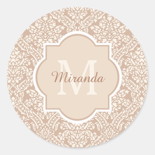 Sticker Rond Monogramme Posh Tan Damask Avec Nom (Devant)