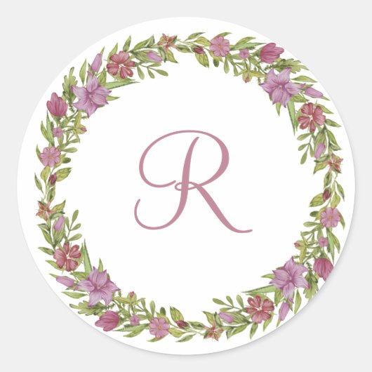 Sticker Rond Monogramme Première couronne rose violet vert flor (Devant)