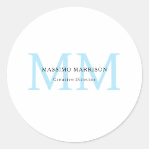Sticker Rond Monogramme Professionnel Minimaliste Bleu Blanc No